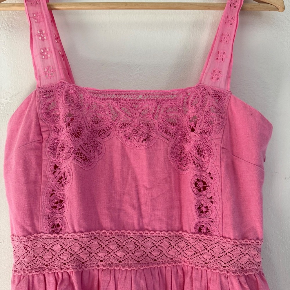 LoveShackFancy Tariah Pinafore Mini Dress Eyelet Detail Smocked Size 2 Pink - Picture 6 of 13